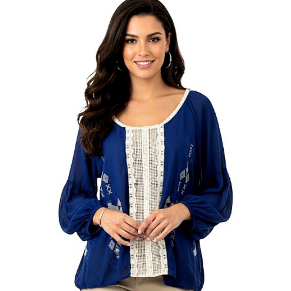BKE Gimmicks Tribal Embroidered Top Blue Semi Sheer Size Medium